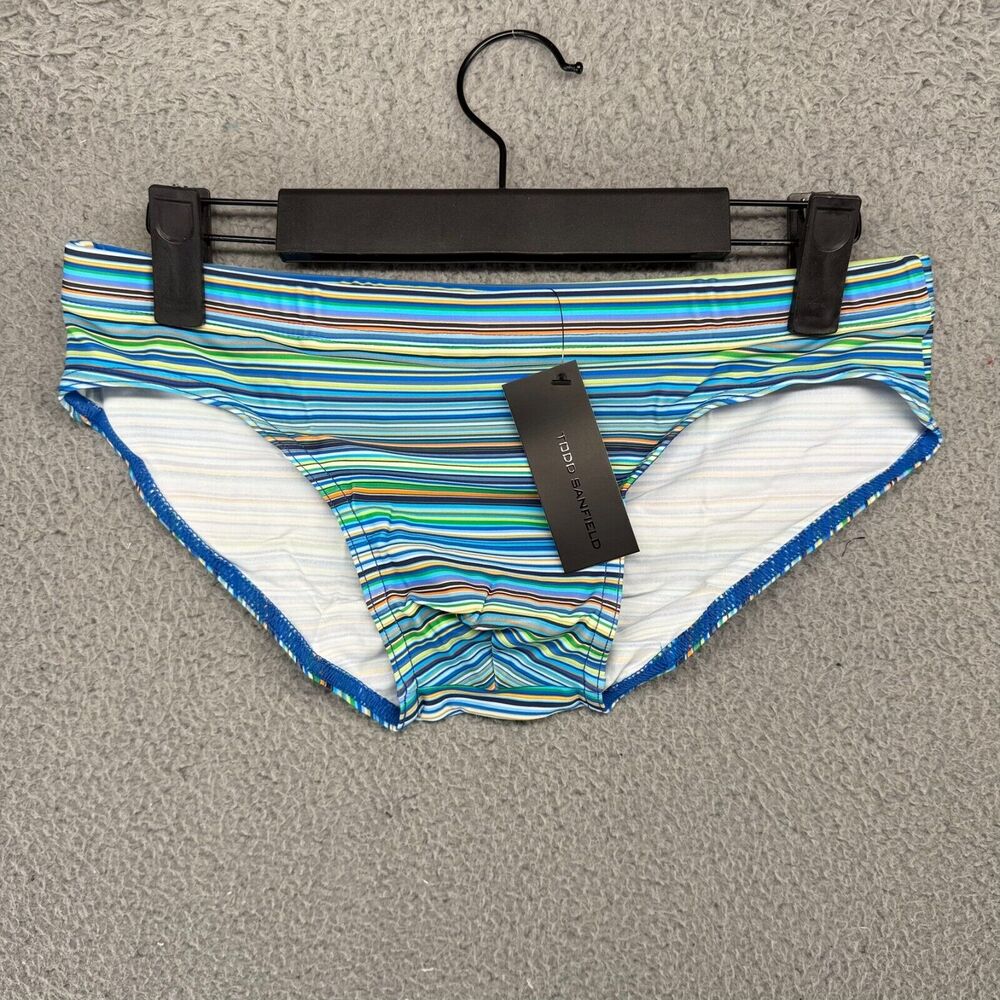 Todd Sanfield Swim Brief Men's XS Blue Striped Vibrant Rainbow Micro String NEW